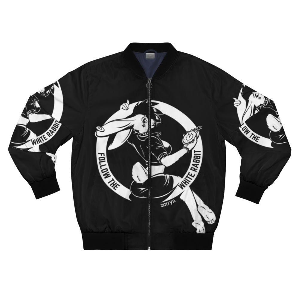 Rabbit bomber jacket with "Follow the White Rabbit" design