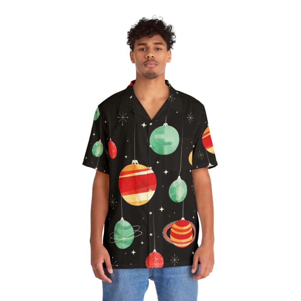 Cosmic Christmas Joy Hawaiian Shirt with planets, stars, and vintage-inspired design - People Front