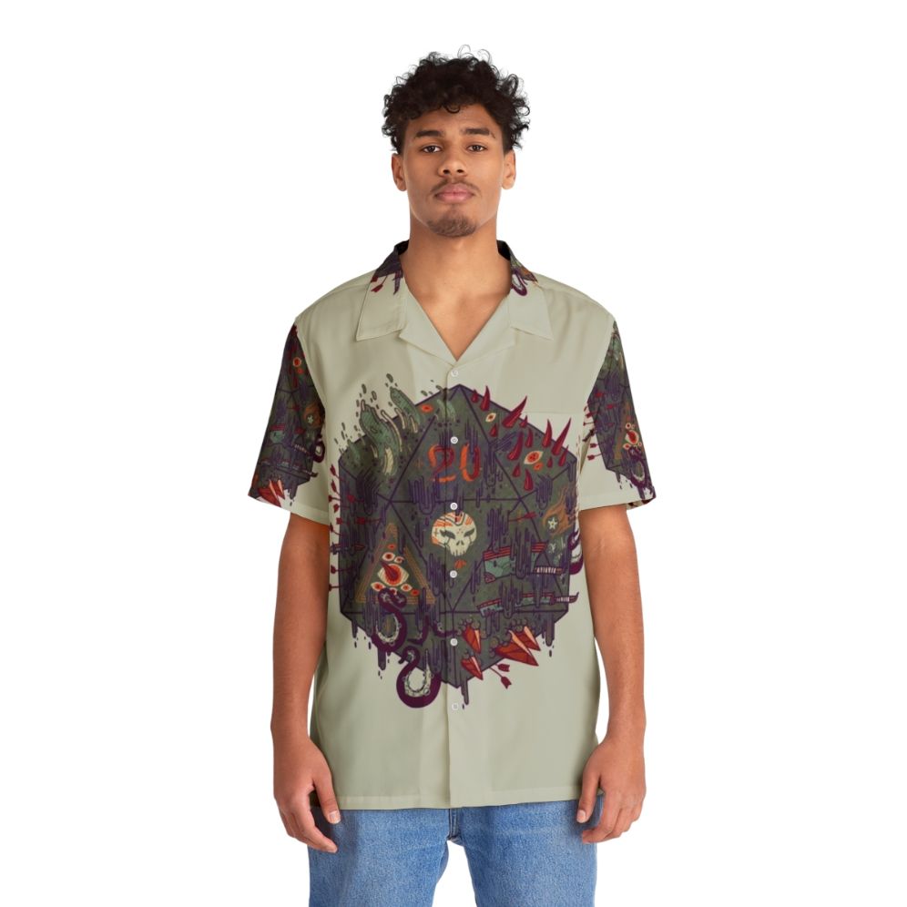 Dark Hawaiian shirt with occult symbols, skulls, and gothic elements - People Front