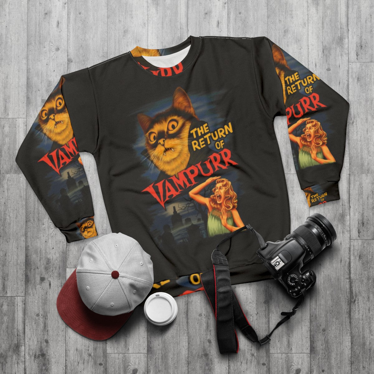 Vampire Cat T-Shirt Sweatshirt - flat lay