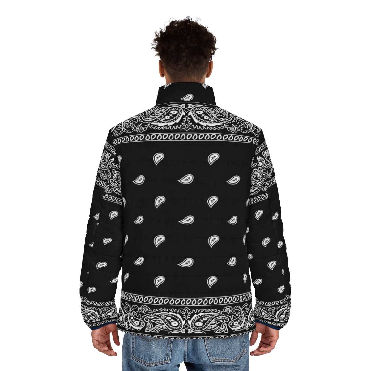 Black puffer jacket with bandana pattern for a urban and rap inspired look - men back