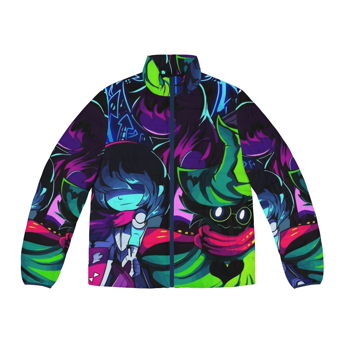 Deltarune Jevil Puffer Jacket featuring the iconic jester character from the Undertale universe