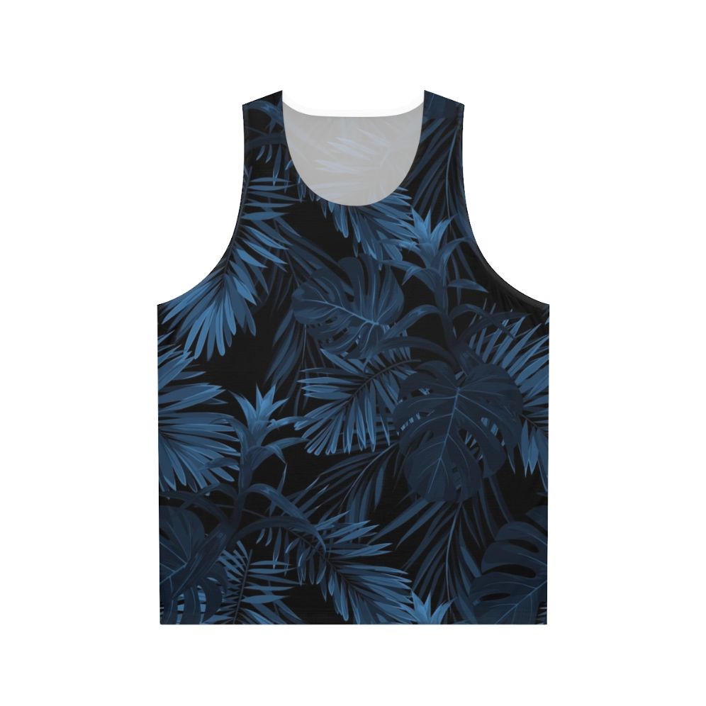 Tropical Indigo Blue Unisex Tank Top with Botanical Leaf Print