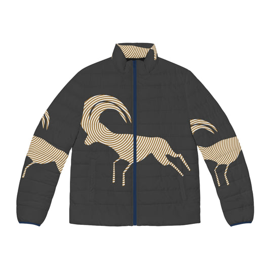 Vibrant antelope puffer jacket with legendary animal art design