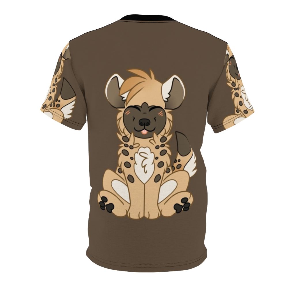 Illustration of a cute, smiling chibi hyena with orange fur and spotted markings, wearing a t-shirt. - Back