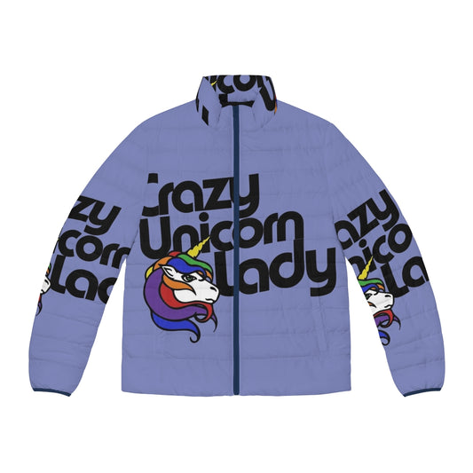 Iridescent puffer jacket with whimsical crazy unicorn design