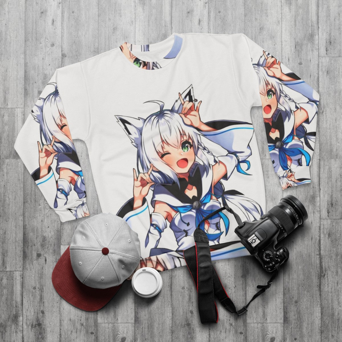 Shirakami Fubuki Hololive Virtual Youtuber Anime Sweatshirt - flat lay