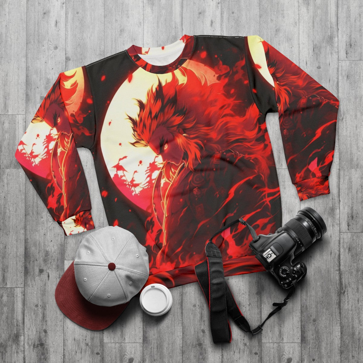 Flame Slayer Demon Sweatshirt with Rengoku Anime Inspired Graffiti Design - flat lay