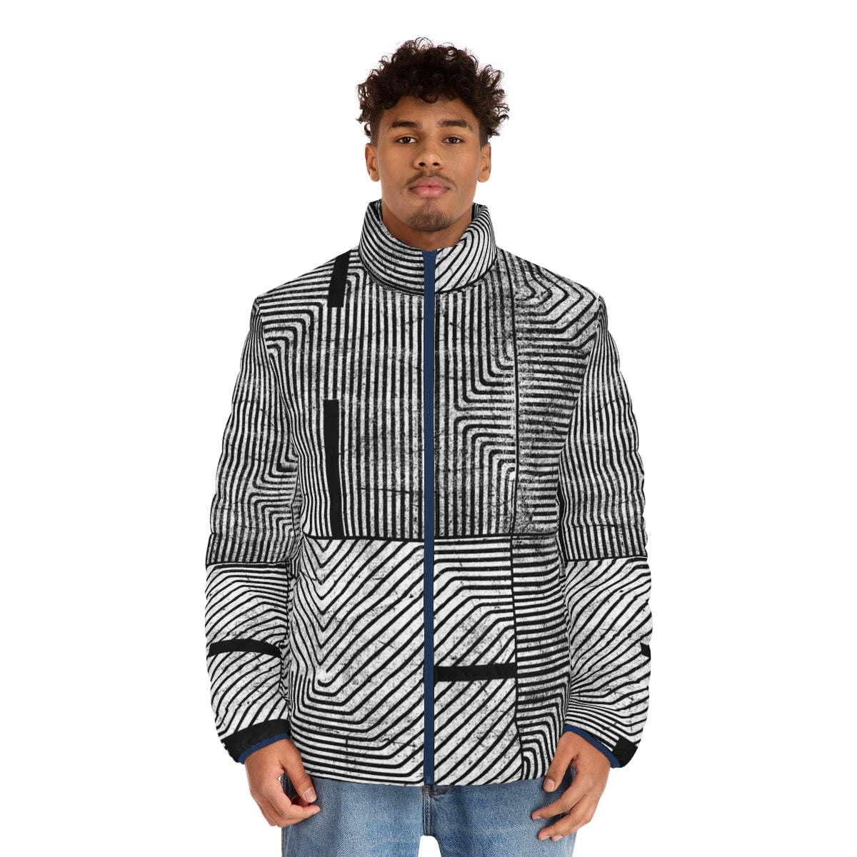 Puffer jacket with abstract geometric pattern and textured design - men front