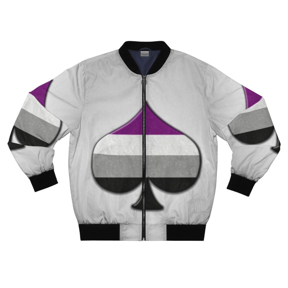 Asexual pride bomber jacket featuring a large ace symbol in the colors of the asexual pride flag