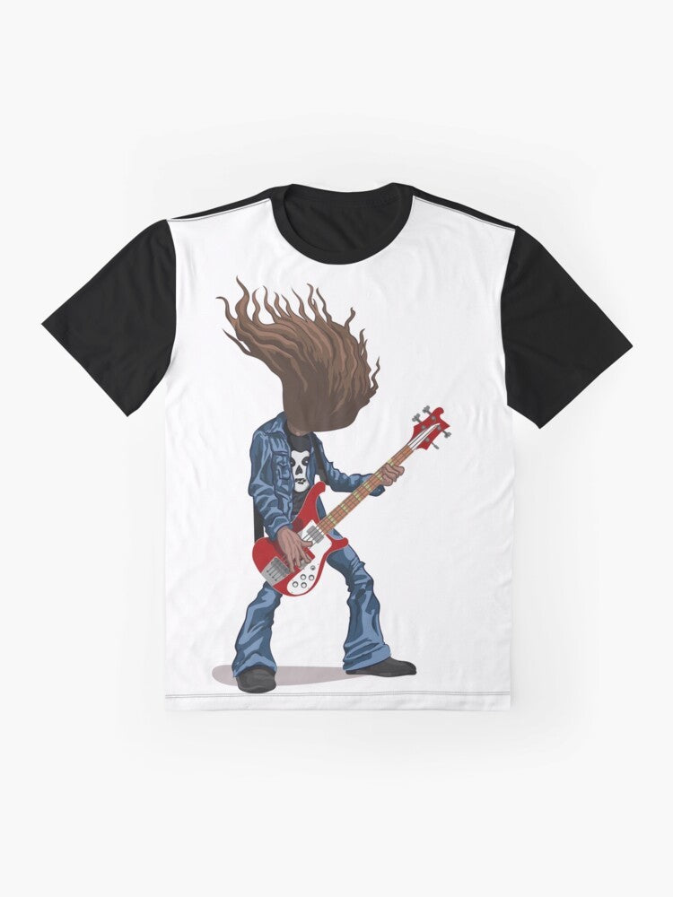 Graphic t-shirt featuring Cliff Burton, the legendary bass guitarist of the thrash metal band Metallica - Flat lay