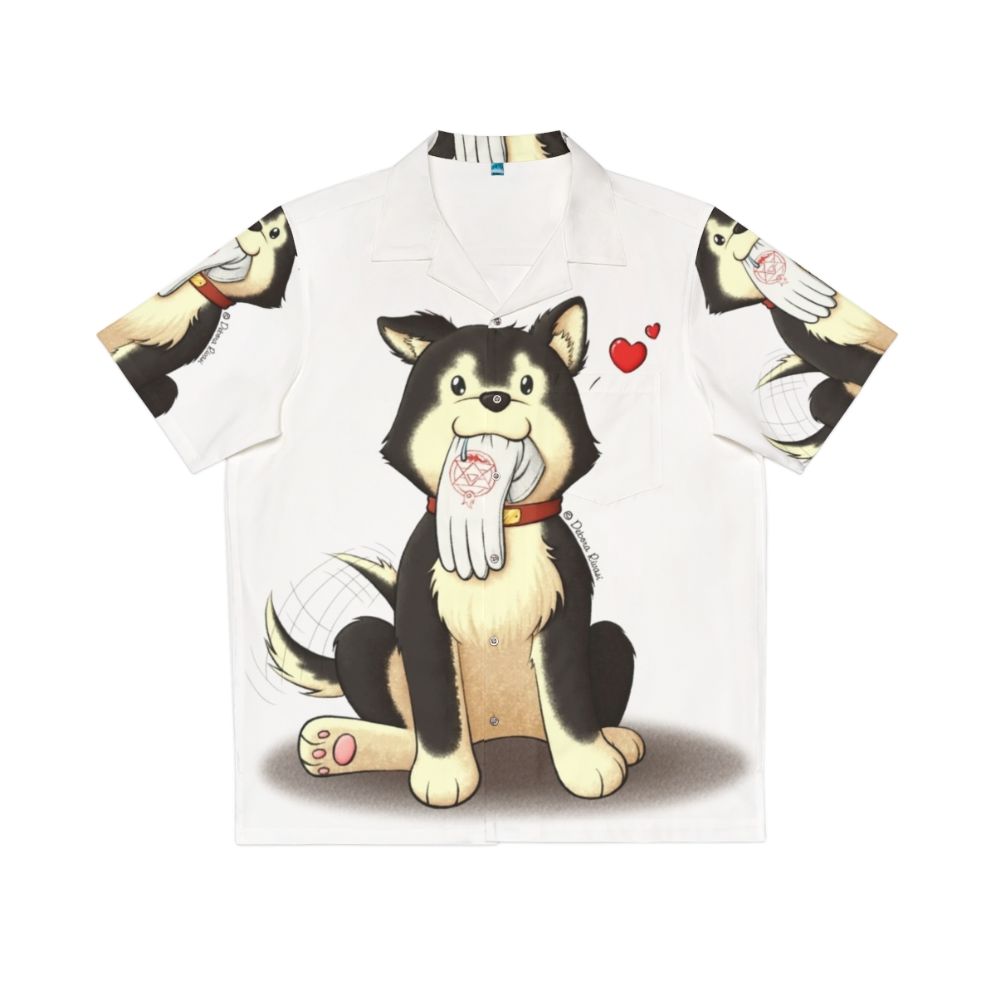 Black Hayate Anime Hawaiian Shirt Featuring the Beloved Puppy from Fullmetal Alchemist