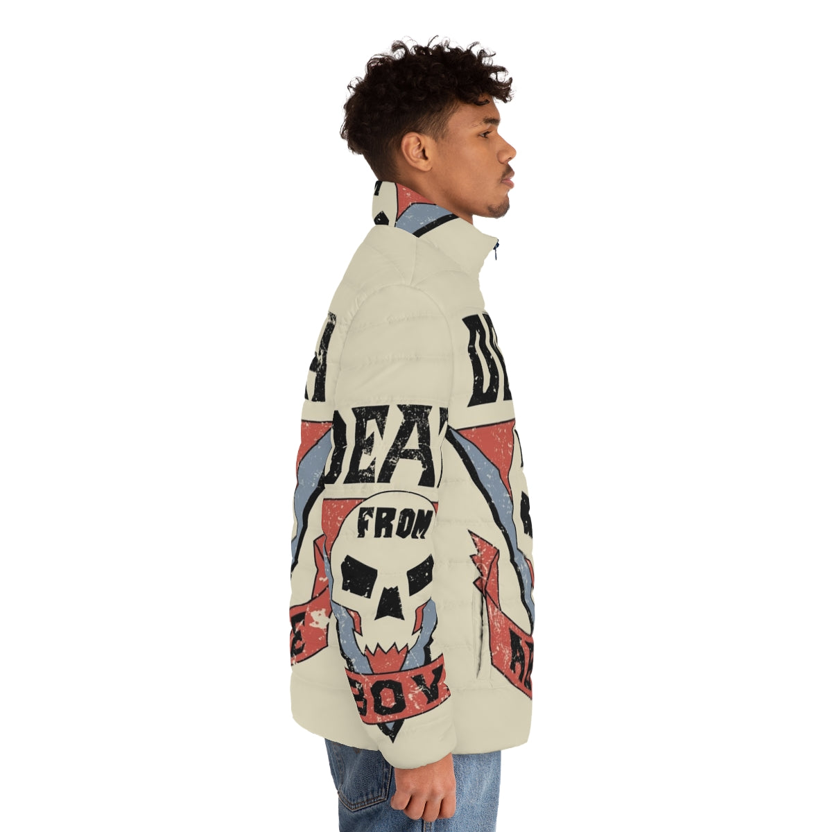 Starship Troopers inspired puffer jacket with "Death From Above" graphic - men side right