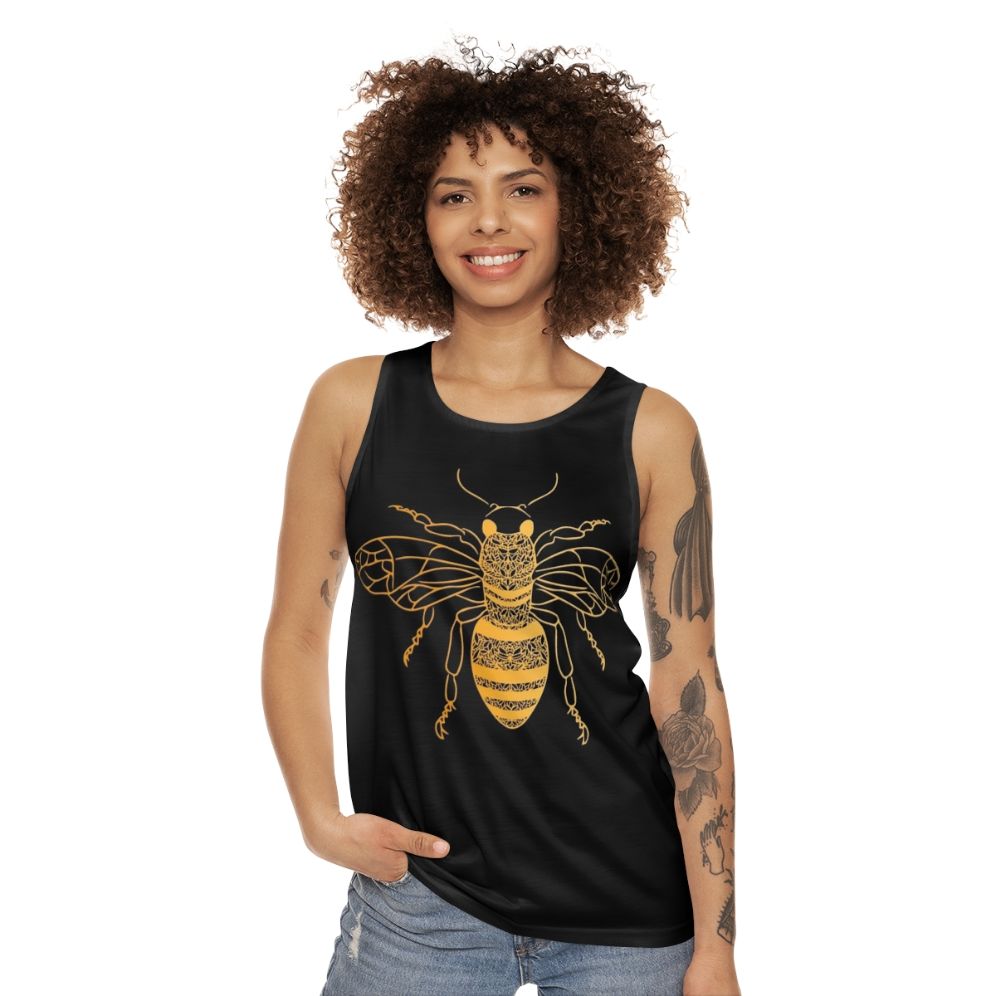 Golden honey bee floral pattern unisex tank top - women