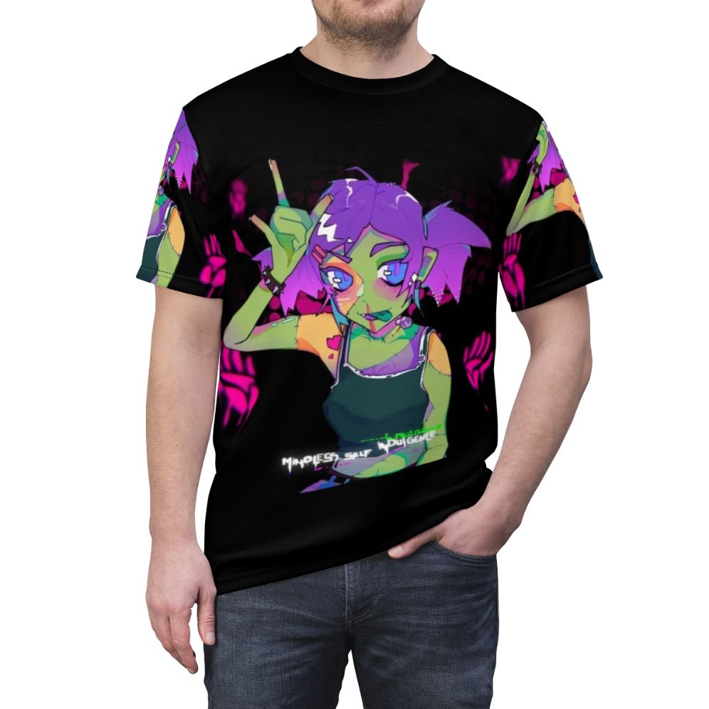 Model wearing a black t-shirt with a colorful, anime-inspired graphic design. - men front