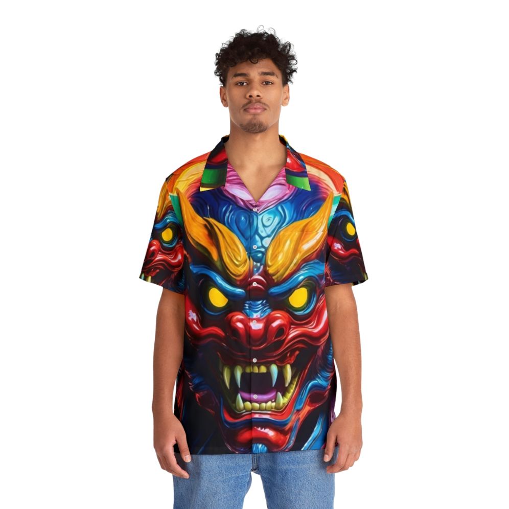 Hannya mask Hawaiian shirt featuring Japanese tattoo inspired design - People Front