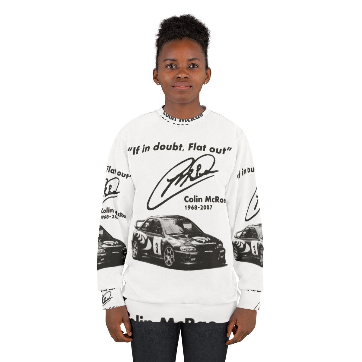 Subaru sweatshirt with "If In Doubt, Flat Out" motorsport design - women