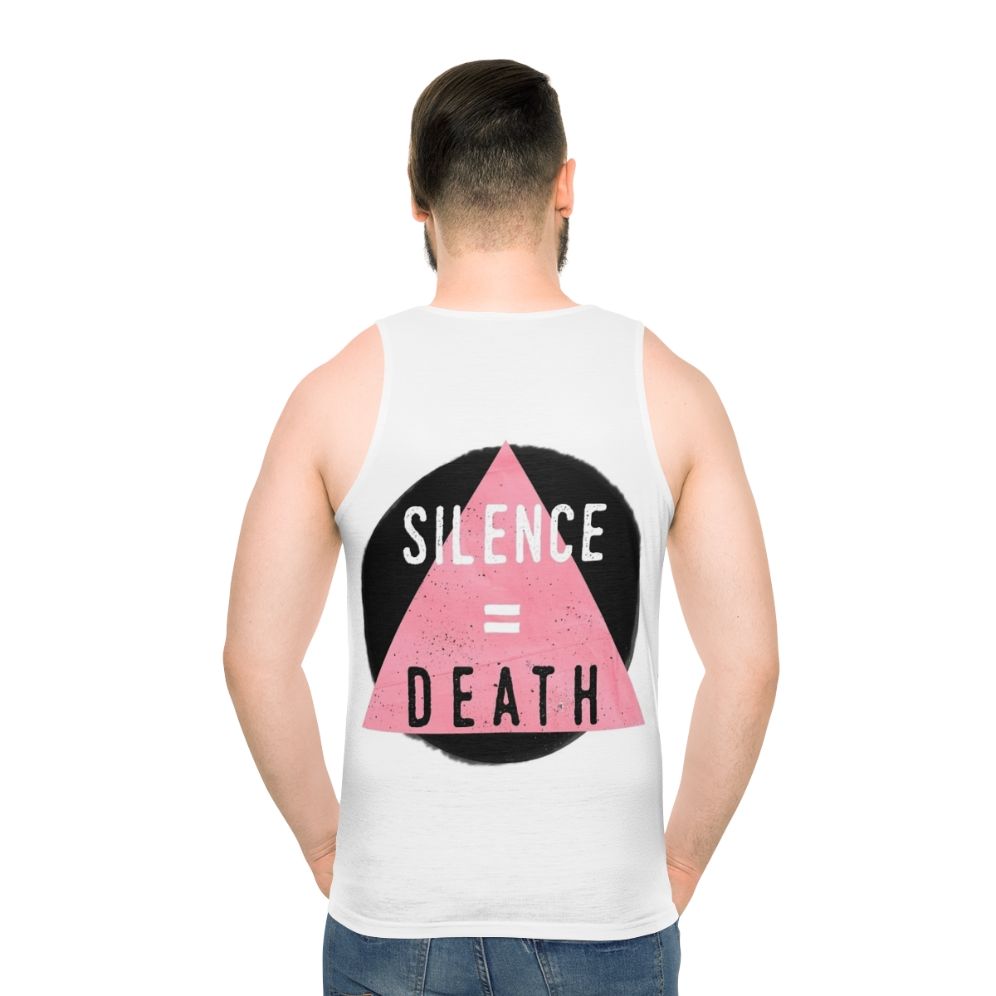 Unisex tank top with "Silence Death" design for LGBTQ+ and HIV/AIDS awareness - men back