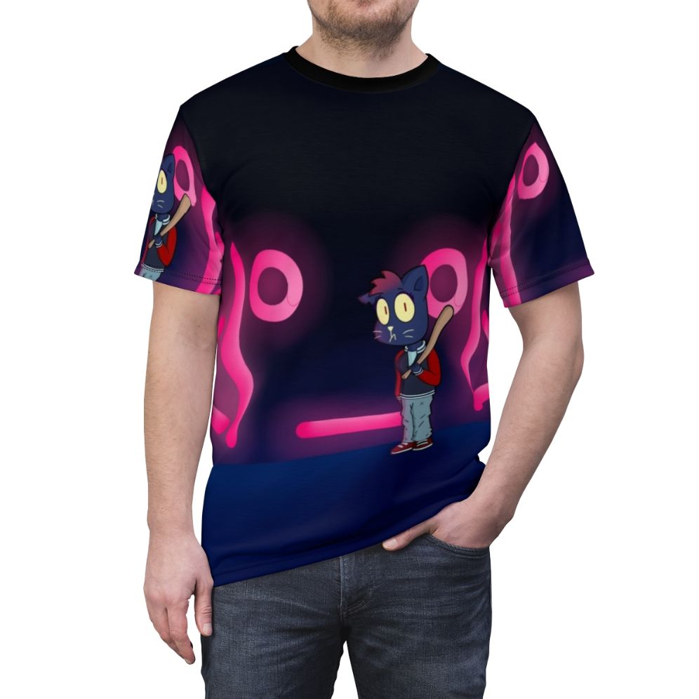 Supernatural fantasy t-shirt design featuring a lone digger character in a dark, gloomy caravan night scene - men front