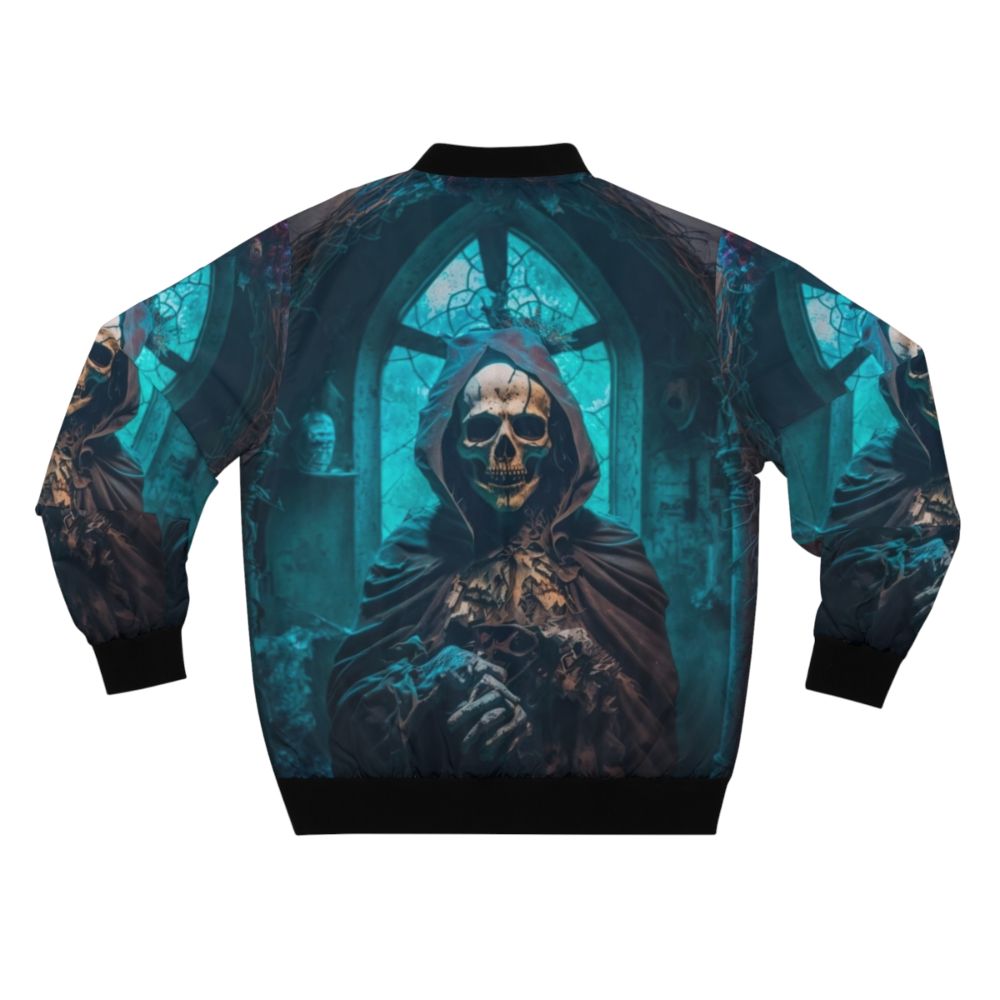 Gothic Skeleton Skull Priest in Dark Church Bomber Jacket - Back