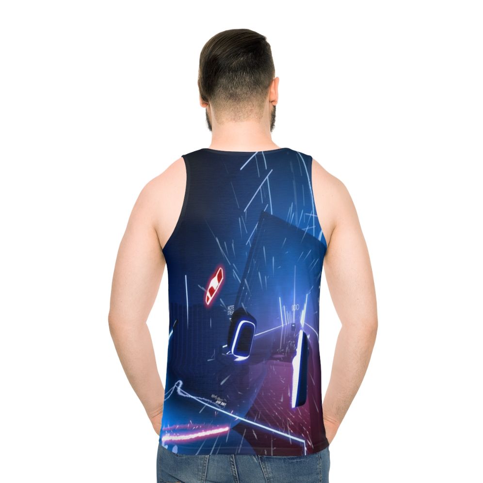 Unisex tank top featuring virtual reality, gaming, and futuristic space-themed design - men back