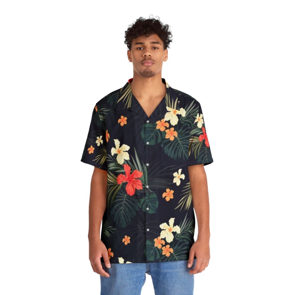 Dark tropical flowers hawaiian shirt with vintage botanical pattern - People Front