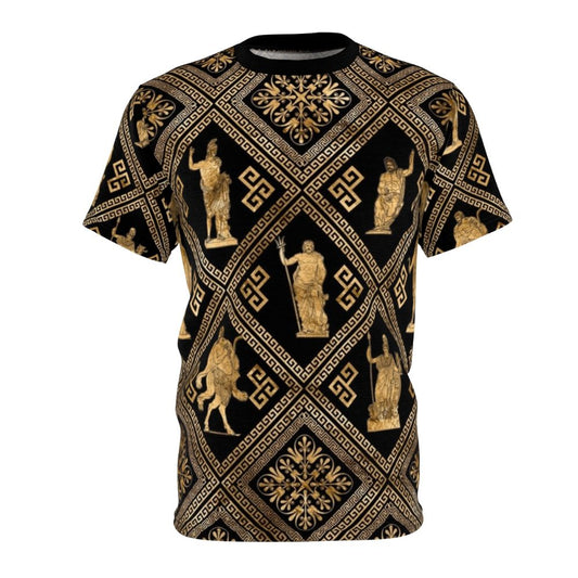 A t-shirt featuring a design with greek deities and a meander pattern, inspired by ancient greek art and mythology.