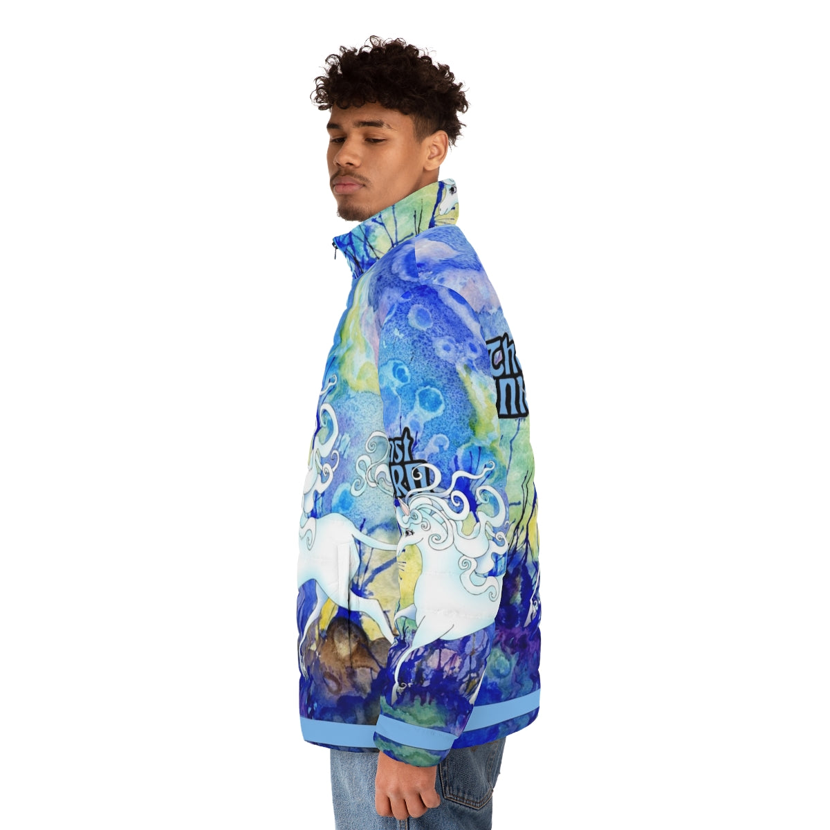 Model wearing a puffer jacket featuring a unicorn design, inspired by the classic fantasy tale 'The Last Unicorn' - men side left