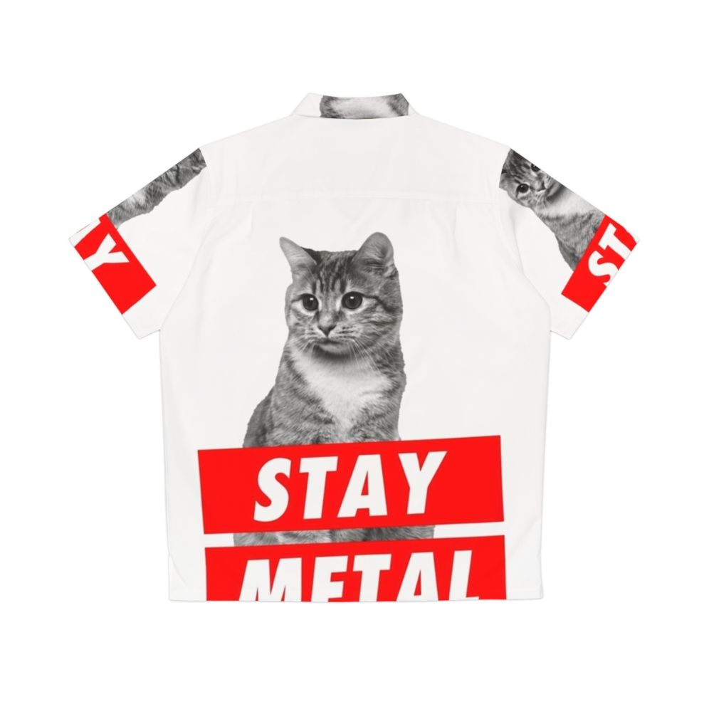 Stay Metal Hawaiian Shirt with Nicolas Cage Cat Meme Print - Back