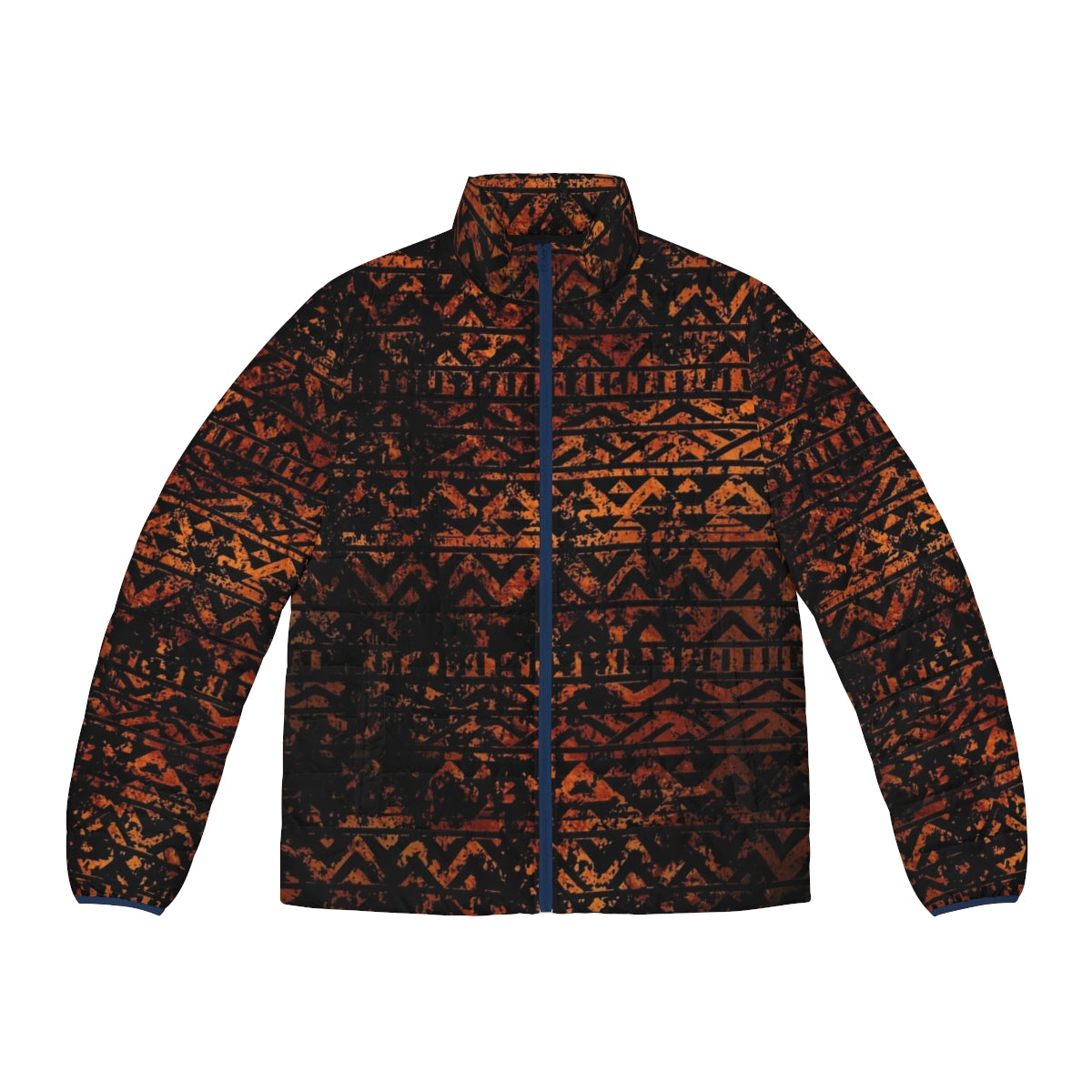 Ethnic tribal puffer jacket with bronze metallic grunge pattern