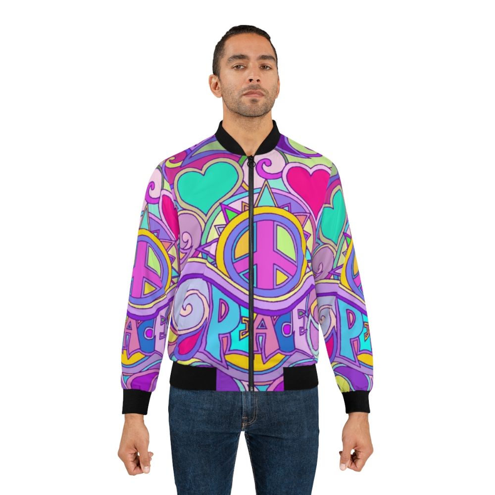 Retro psychedelic bomber jacket with colorful flower power and peace symbol graphics - Lifestyle