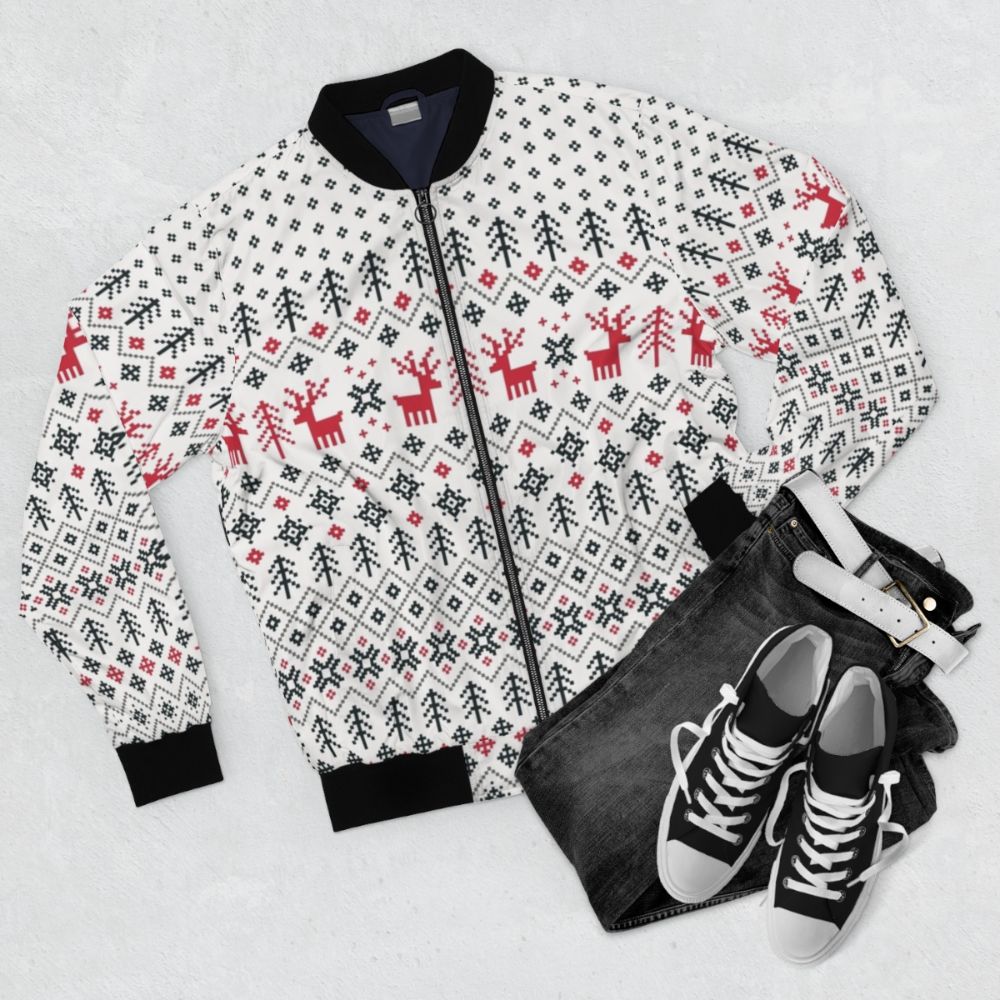 Holiday Sweater Pattern Bomber Jacket with Retro Scandinavian Design - Flat lay