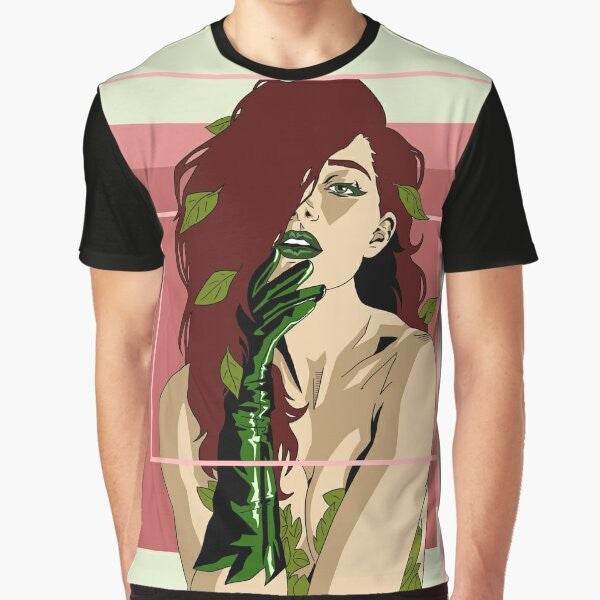 A graphic t-shirt featuring a botanical design of poisonous leaves and plants, with a feminist and eco-friendly message.