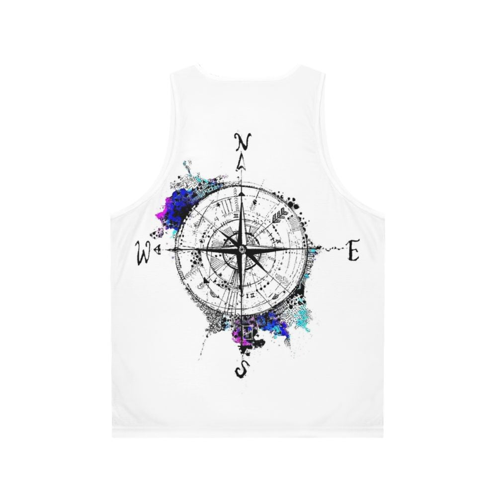 Unisex tank top with wanderlust compass design and world map - Back