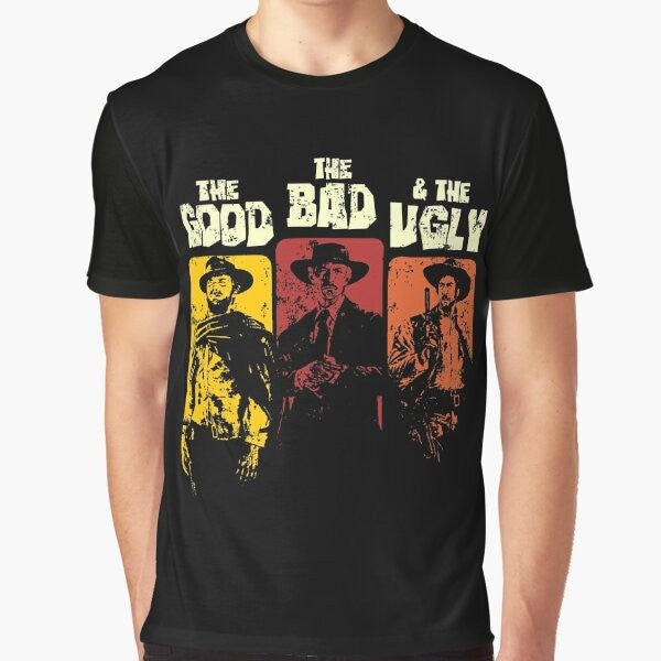 Graphic t-shirt featuring the iconic characters from the classic spaghetti western "The Good, The Bad, and The Ugly"