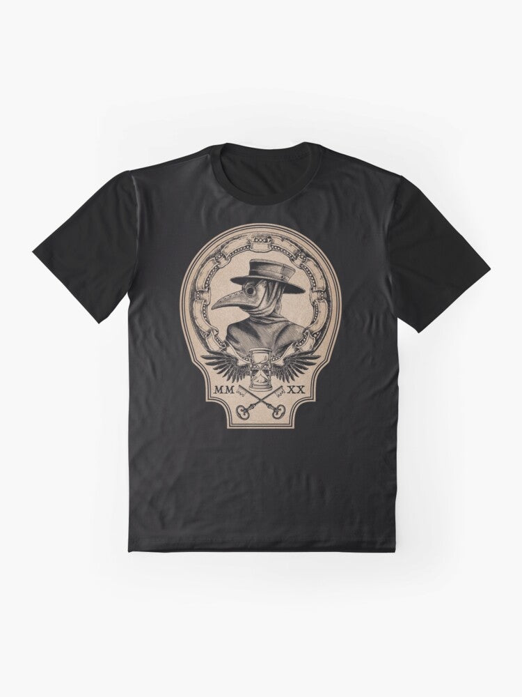 Vintage graphic t-shirt with plague doctor, raven, and medieval gothic design elements - Flat lay