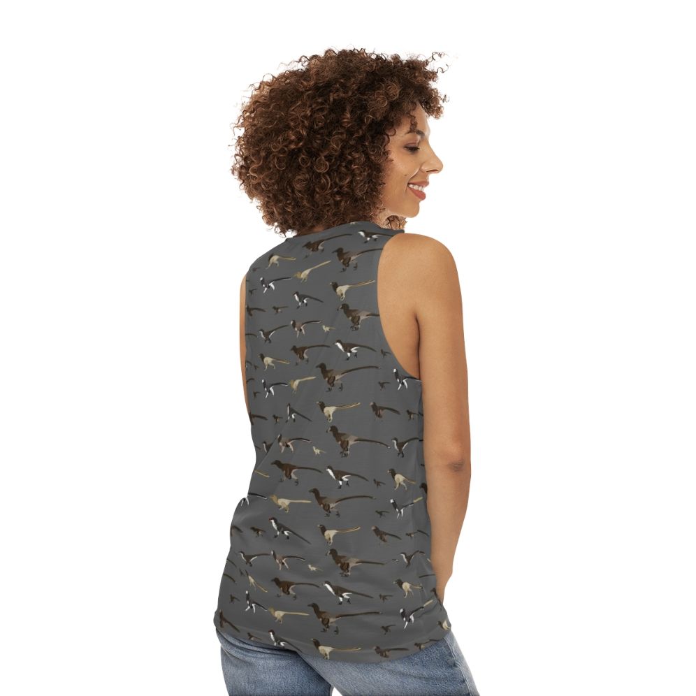 Dromaeosaurid dinosaur pattern unisex tank top - women back