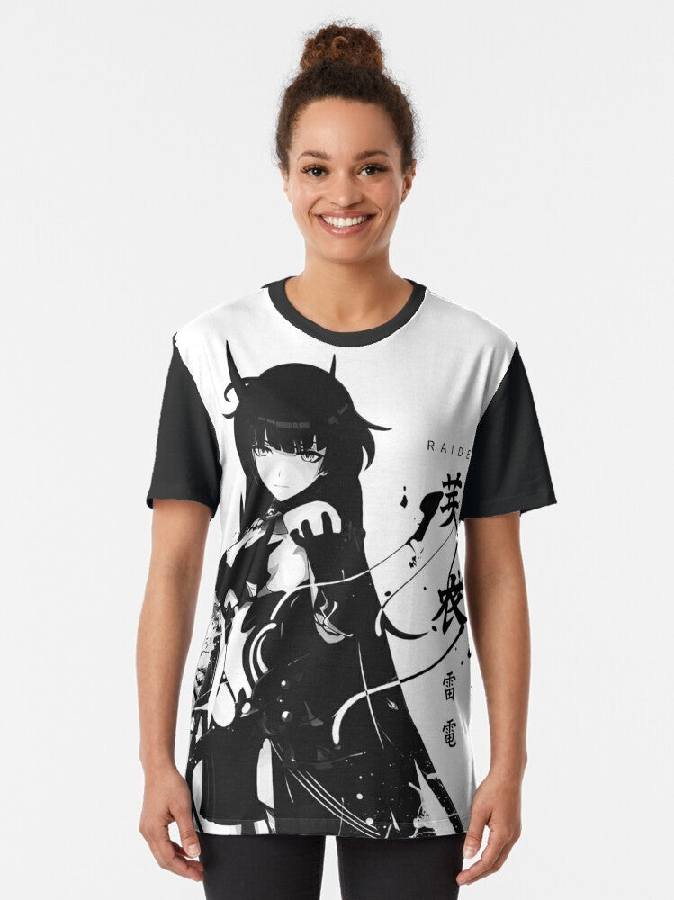 Kiana Kaslana, the Herrscher of Thunder, depicted in a futuristic, fantasy-inspired graphic design on a t-shirt. - Women