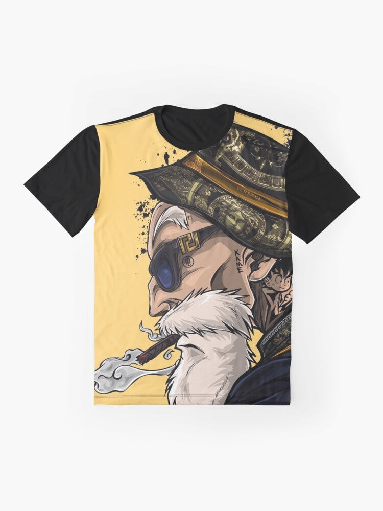 Master Roshi from the anime Dragonball Z featured on a graphic t-shirt - Flat lay