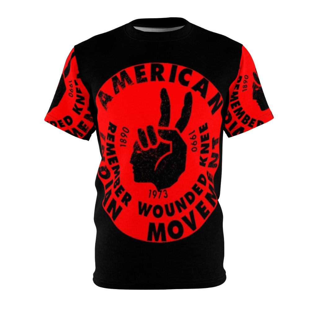 Graphic T-shirt design featuring the American Indian Movement logo and empowering message.