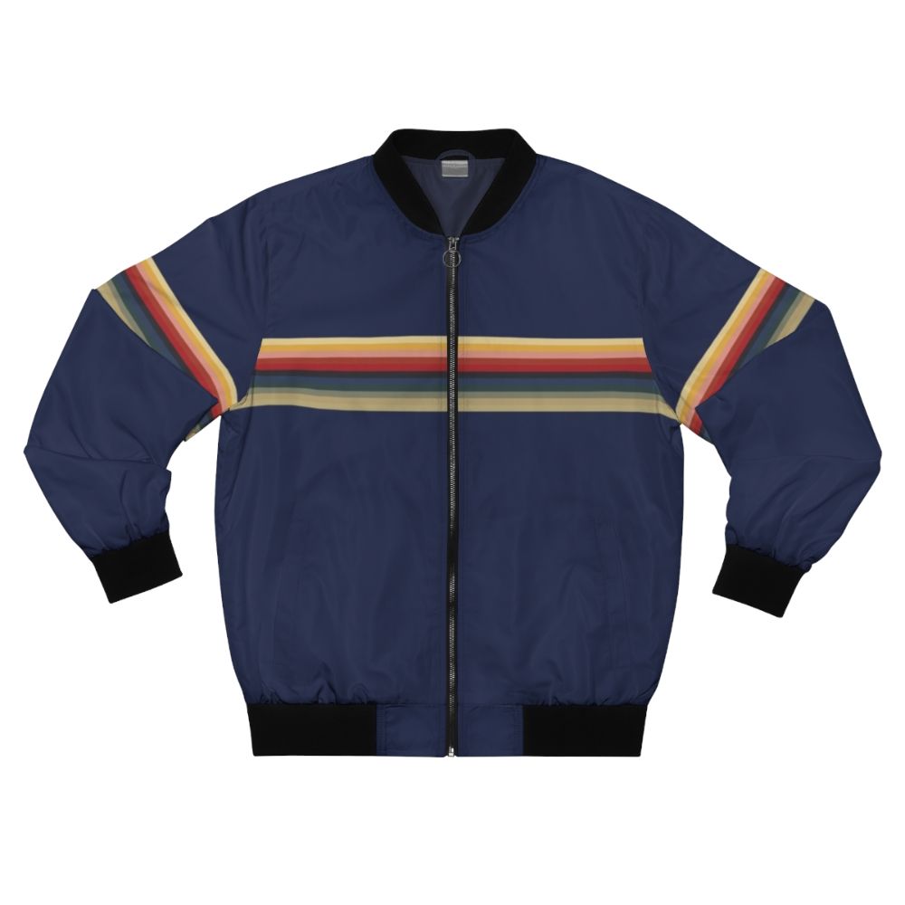 Thirteenth Doctor Bomber Jacket with rainbow lines pattern, featuring Jodie Whittaker's 13th Doctor from the sci-fi TV series.