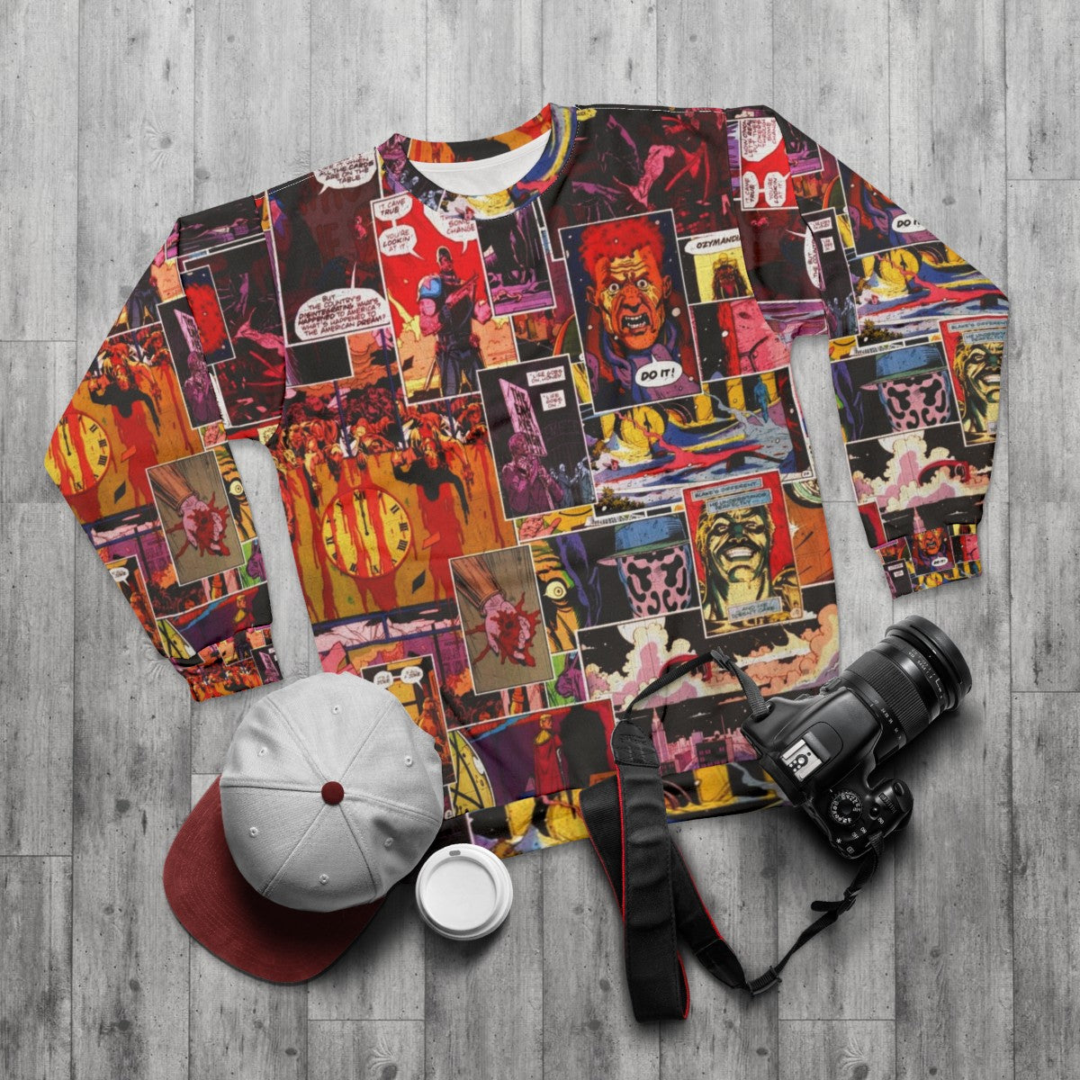 Watchmen comic book inspired sweatshirt with collage of characters - flat lay