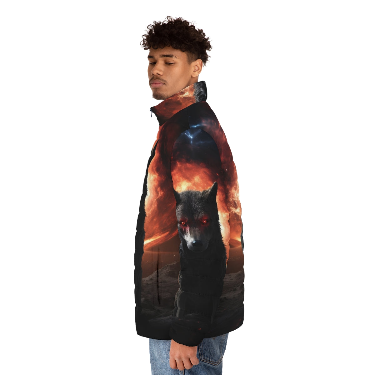 Satanic dog puffer jacket with a spooky, horror-themed design - men side left