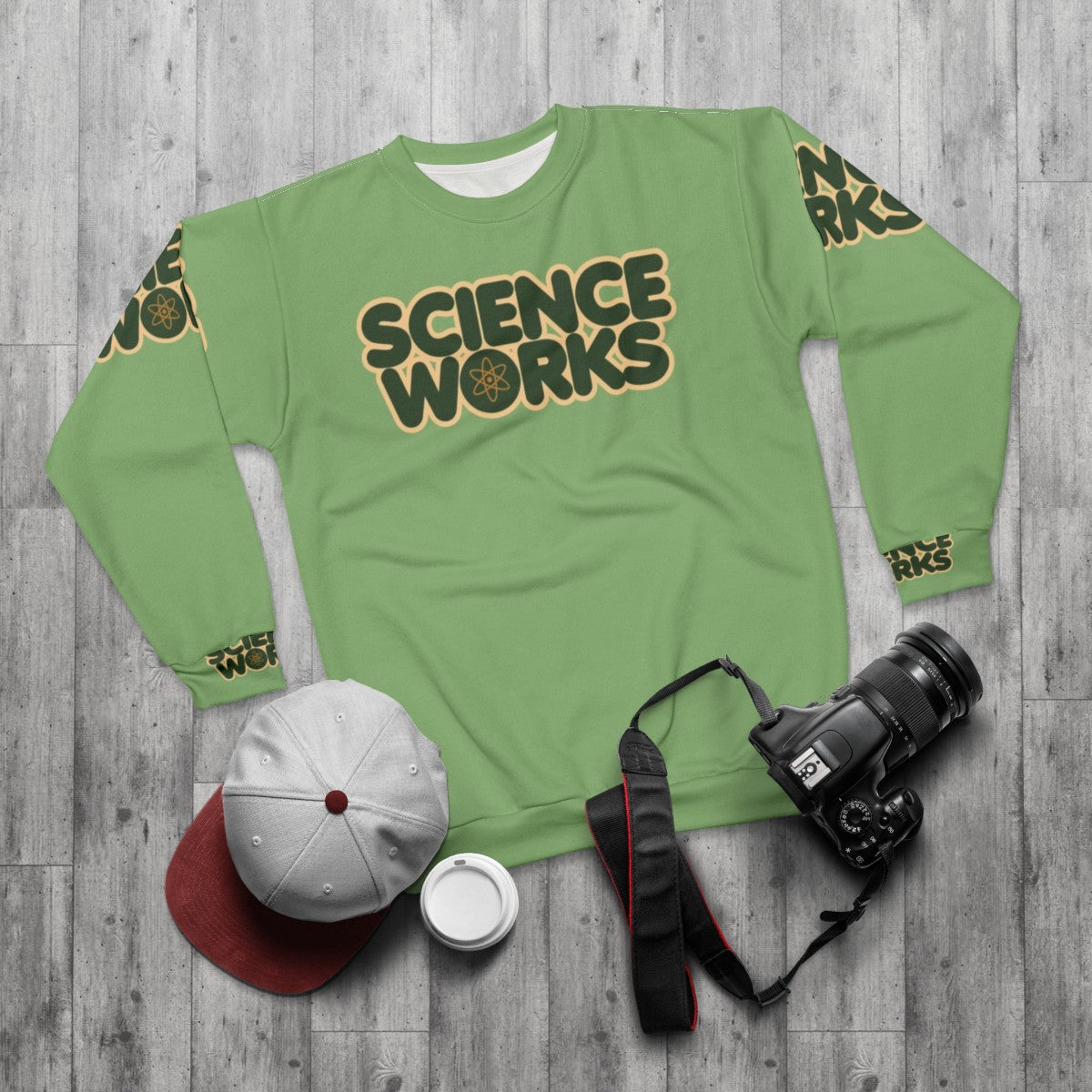 Science Works Sweatshirt, featuring a design for science enthusiasts and climate change awareness - flat lay