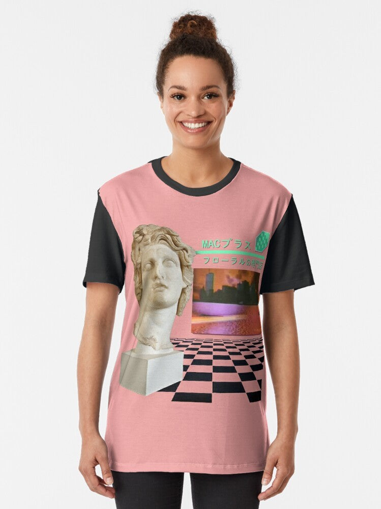 Macintosh Plus Floral Graphic T-Shirt with Retro Vaporwave Aesthetic - Women