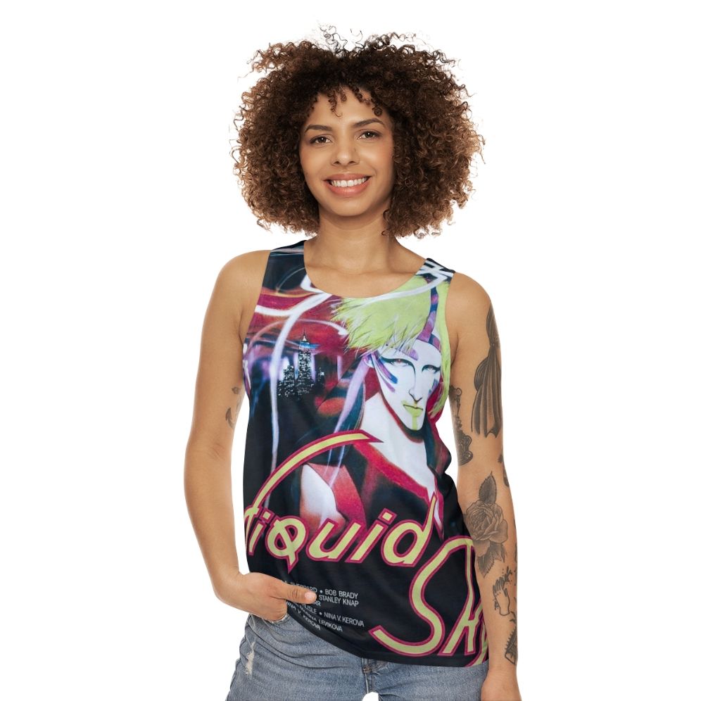 Retro unisex tank top featuring surreal art inspired by the 80s cult classic film "Liquid Sky" - women