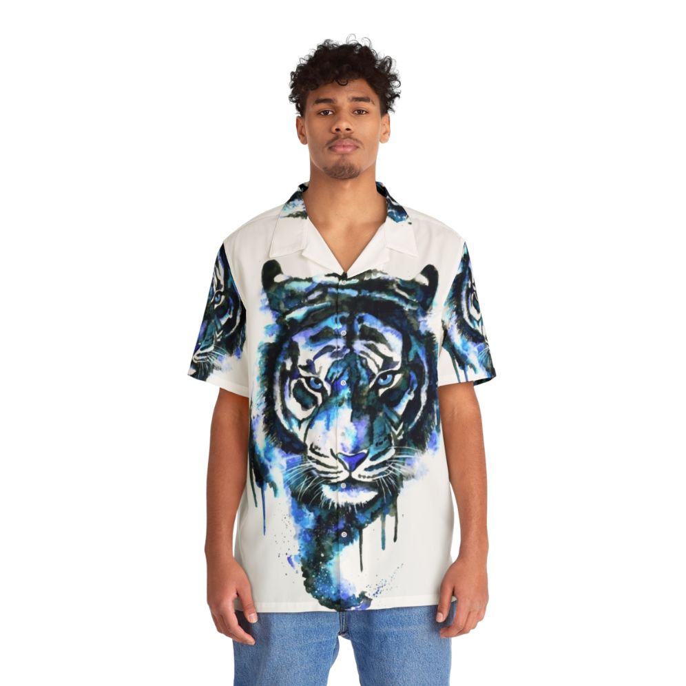 Blue Tiger Hawaiian Shirt with Tropical Floral Pattern - People Front