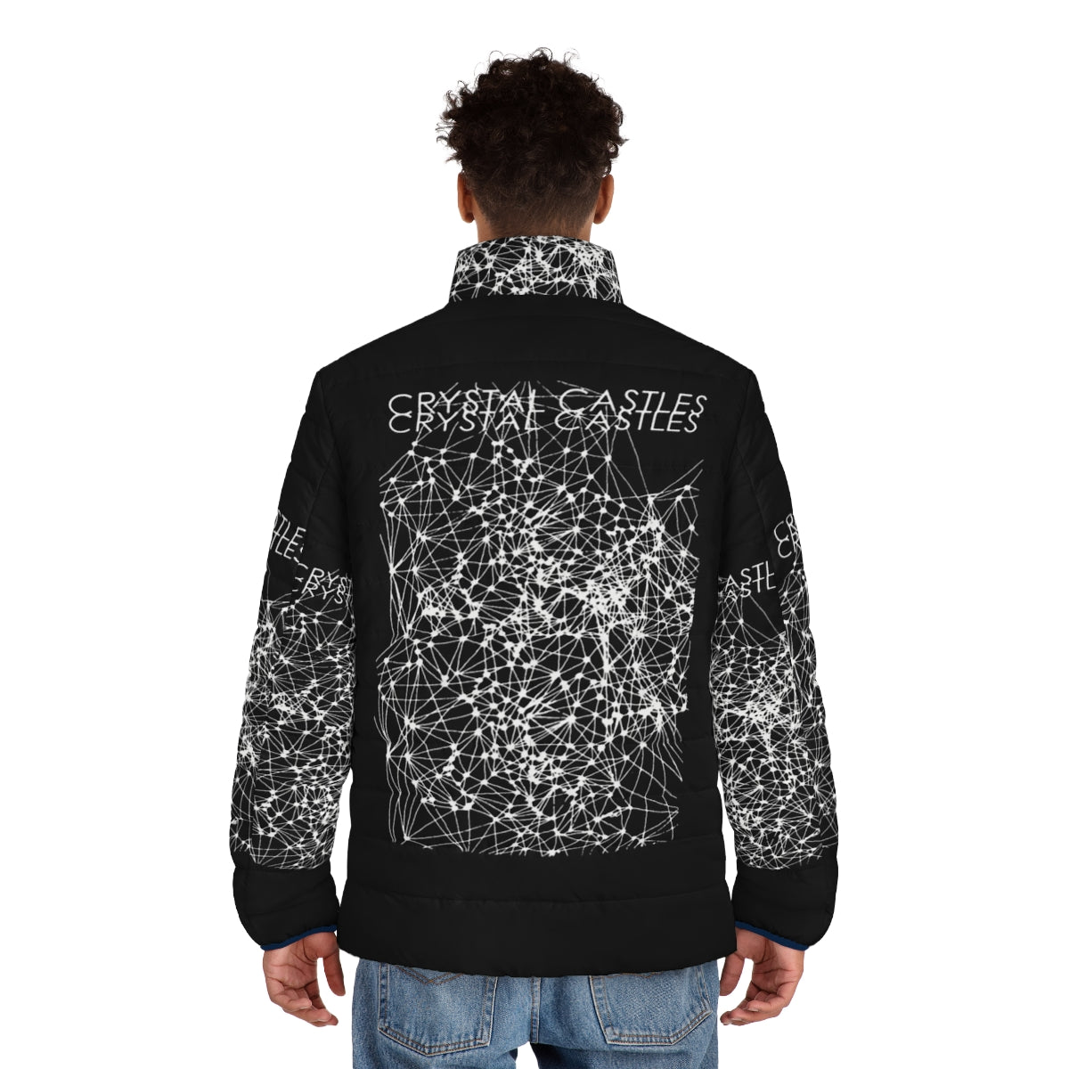 Crystal Castles inspired black puffer jacket with band logo - men back