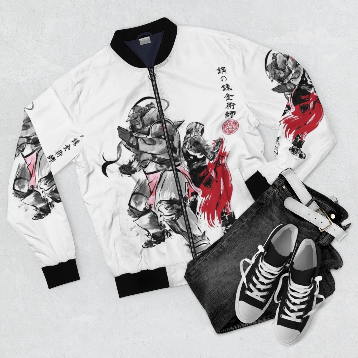 Brotherhood Sumi-e Anime Bomber Jacket featuring Edward Elric and Alphonse Elric characters from Fullmetal Alchemist - Flat lay