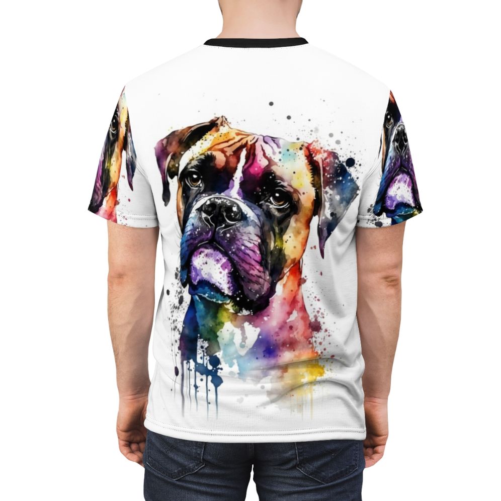 Colorful watercolor painting of a boxer dog's face on a t-shirt - men back